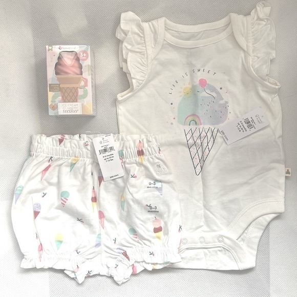 NWT Baby 100% Organic Cotton Ice Cream Body Suit  3pc Gift Set Size 0-3months - Picture 1 of 16
